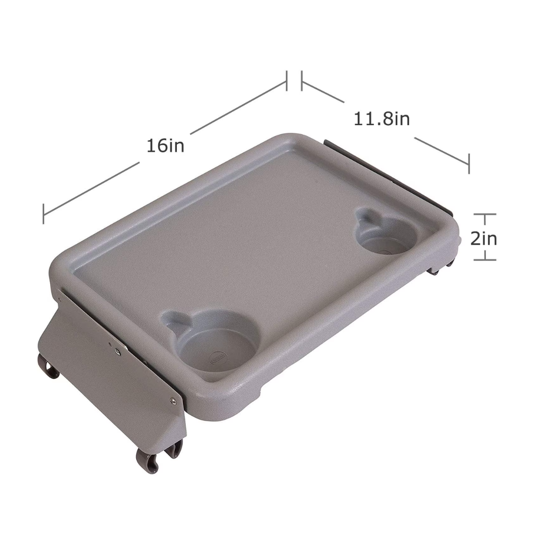 The DMI® Folding Walker Tray with Cup Holders is a gray accessory with raised edges, two cup holders, and side handles. It measures 16" x 11.8" x 2"—ideal for daily use with your walker.