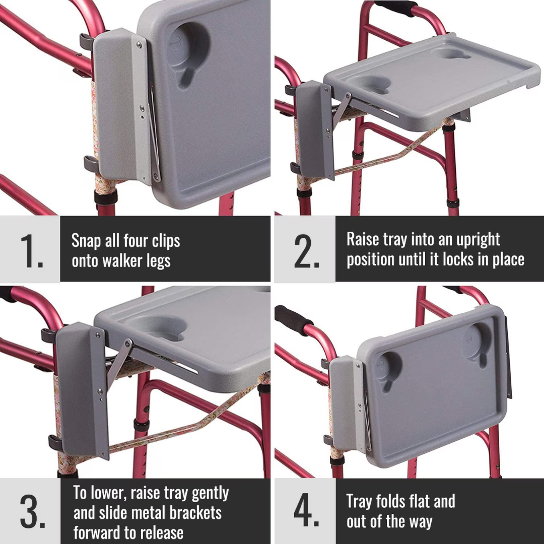 The DMI® Folding Walker Tray with Cup Holders easily attaches to your walker: snap clips onto legs, lift tray to lock, adjust as needed, and fold flat when not in use. Ideal accessory for seniors using folding walkers.