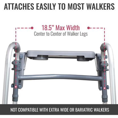 The DMI® Folding Walker Tray with Cup Holders attaches to standard walkers up to 18.5" wide (center to center of legs). Not compatible with extra wide or bariatric walkers.