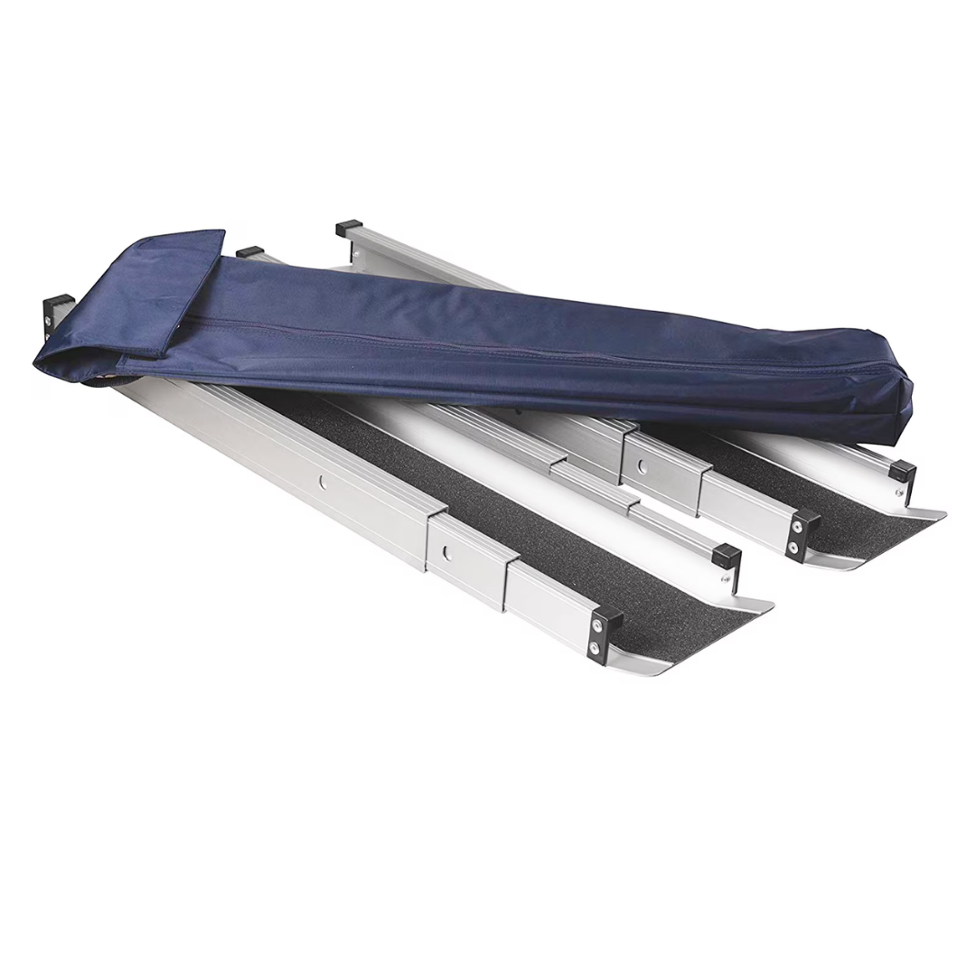DMI® Retractable Lightweight Portable Wheelchair Ramps with non-slip surfaces are partially extended beside a closed blue carrying bag.