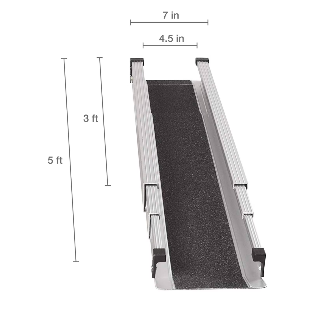 The DMI® Retractable Lightweight Portable Wheelchair Ramp is a foldable aluminum ramp, 5 feet long, 3 feet high folded, and 7 inches wide overall, with a 4.5-inch black non-skid surface for safety.
