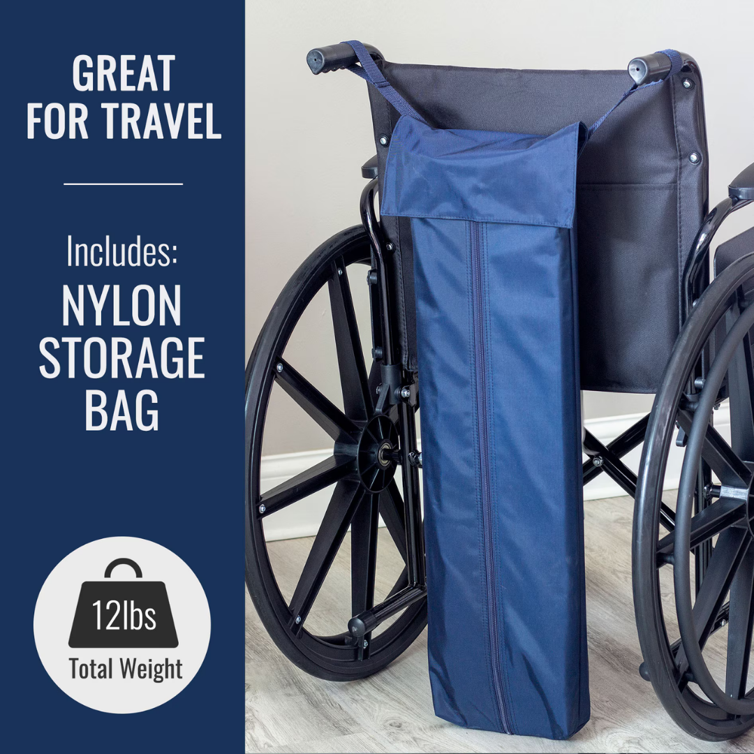 A DMI® Retractable Lightweight Portable Wheelchair Ramp ensures easy access on stairs and is shown next to a folded wheelchair with a navy blue nylon storage bag and a graphic: Great for Travel. Includes: Nylon Storage Bag. 12 lbs Total Weight.