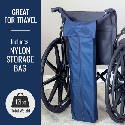 A DMI® Retractable Lightweight Portable Wheelchair Ramp ensures easy access on stairs and is shown next to a folded wheelchair with a navy blue nylon storage bag and a graphic: Great for Travel. Includes: Nylon Storage Bag. 12 lbs Total Weight.