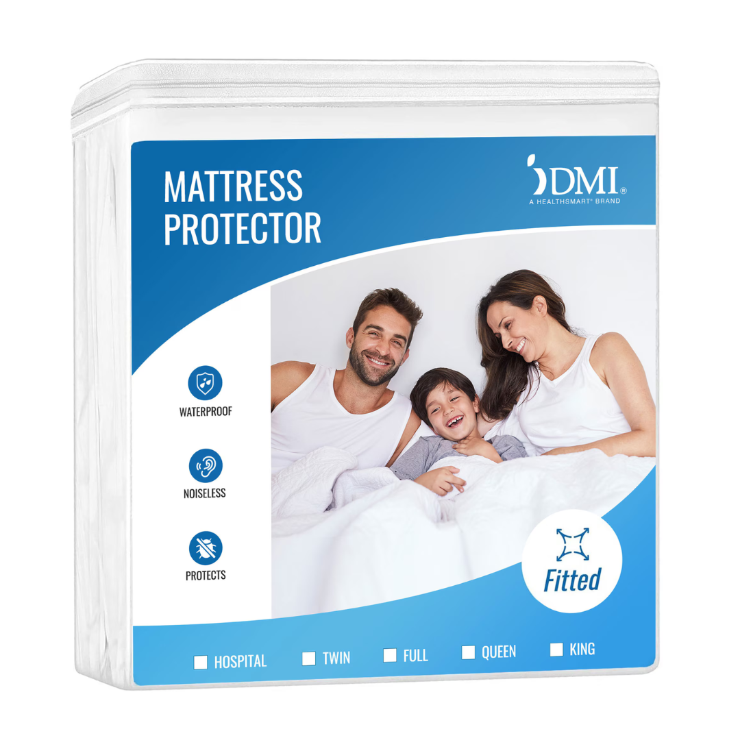 The DMI Waterproof Mattress Protector package shows a smiling family of three and features icons for noiseless, waterproof protection. Available in hospital, twin, full, queen, and king deep pocket sizes.