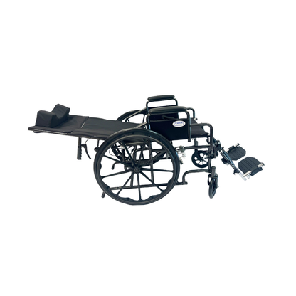 Dalton Medical Deluxe Recliner Wheelchair featuring an extended reclined backrest, raised leg supports, and black cushioning, shown from the side.