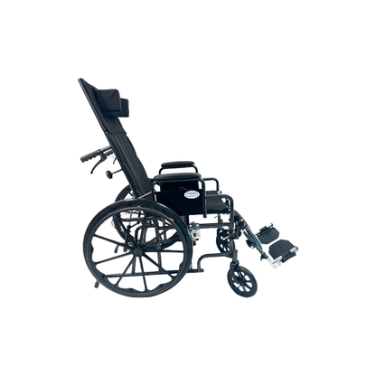 The Dalton Medical Deluxe Recliner Wheelchair, equipped with elevated leg rests, padded armrests, and a supportive headrest, is set against a plain white background.
