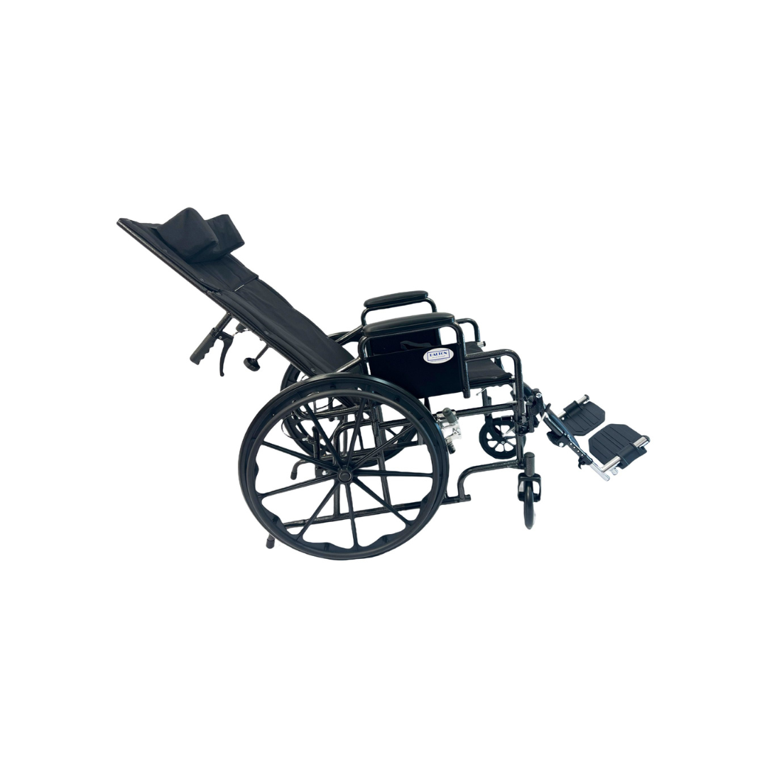 The Dalton Medical Deluxe Recliner Wheelchair, shown from the side against a white background, features a black frame, reclining backrest, elevated leg supports, and large rear wheels.