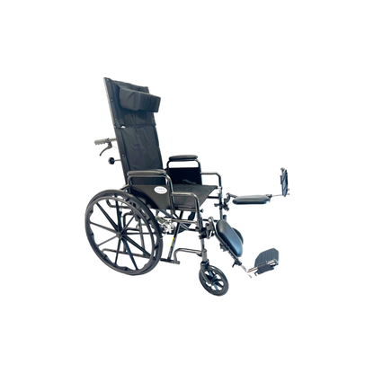 The Dalton Medical Deluxe Recliner Wheelchair, featuring a black finish, reclined backrest, elevated leg rests, large rear wheels, and a headrest, is displayed against a plain white background.