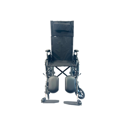 A Dalton Medical Deluxe Recliner Wheelchair in black, featuring a tall backrest, padded headrest, and elevated leg supports, is shown on a white background.