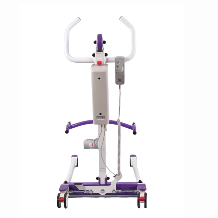 The Dansons PL350 Compact Electric Patient Lift features a white and purple frame with handlebars, a control panel, wheels for mobility, and an attached remote control. Ideal for nursing homes, it includes a free sling.
