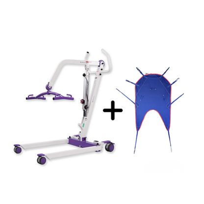 The Dansons PL350H Compact Hydraulic Patient Lift with FREE Sling features a purple and white frame and includes a blue protective cover.