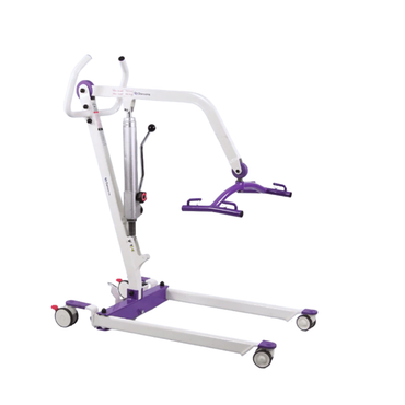 The Dansons PL350H Compact Hydraulic Patient Lift with FREE Sling is an affordable white and purple lift with wheels, hydraulic pump, and adjustable arm for safely transferring individuals with limited mobility.