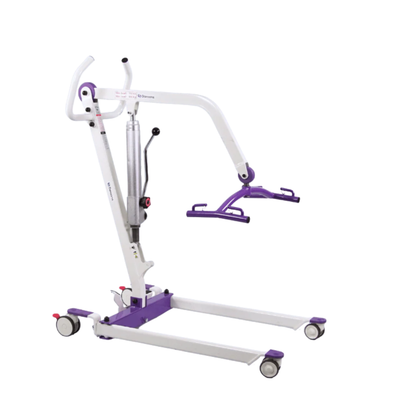 The Dansons PL350H Compact Hydraulic Patient Lift with FREE Sling is an affordable white and purple lift with wheels, hydraulic pump, and adjustable arm for safely transferring individuals with limited mobility.
