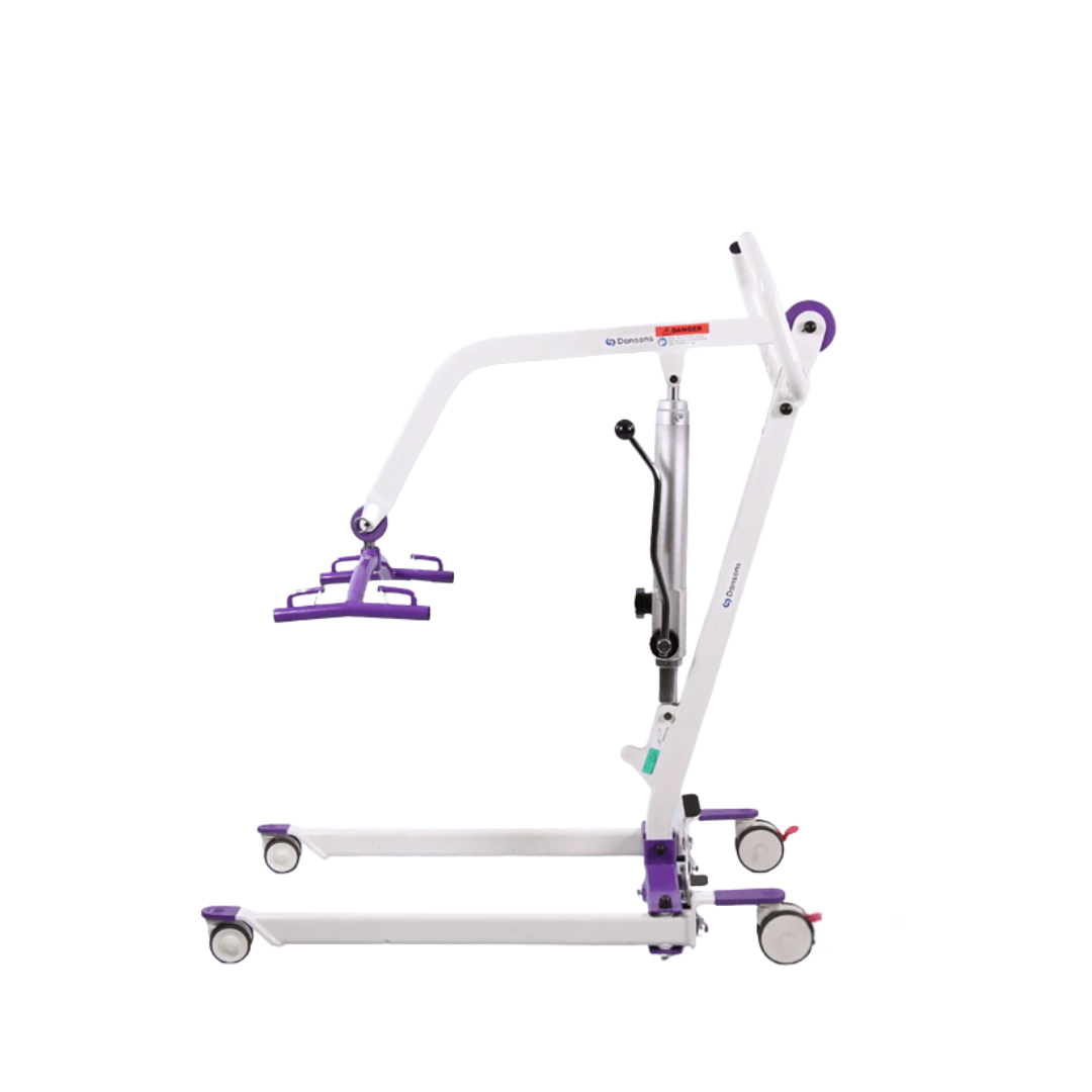 The Dansons PL350H Compact Hydraulic Patient Lift with FREE Sling is a white and purple lift with wheels, adjustable arm, and sling attachment, designed for safe transfer of individuals with mobility challenges. Shown on a plain white background.