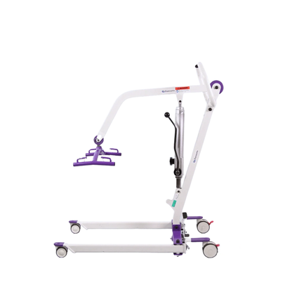 The Dansons PL350H Compact Hydraulic Patient Lift with FREE Sling is a white and purple lift with wheels, adjustable arm, and sling attachment, designed for safe transfer of individuals with mobility challenges. Shown on a plain white background.