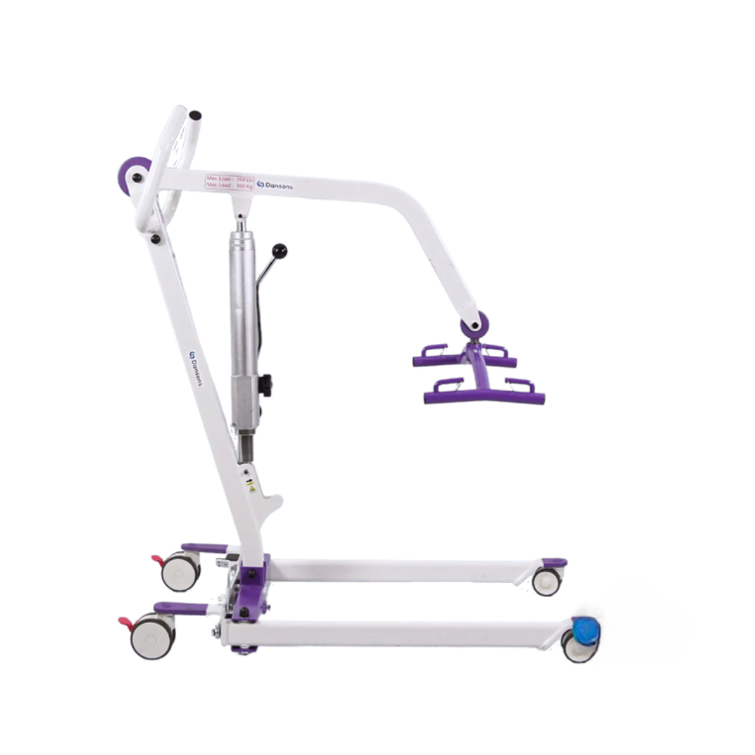 The Dansons PL350H Compact Hydraulic Patient Lift with FREE Sling is a white and purple lift with wheels, hydraulic pump, and spreader bar for safe lifting and transferring of individuals with limited mobility.