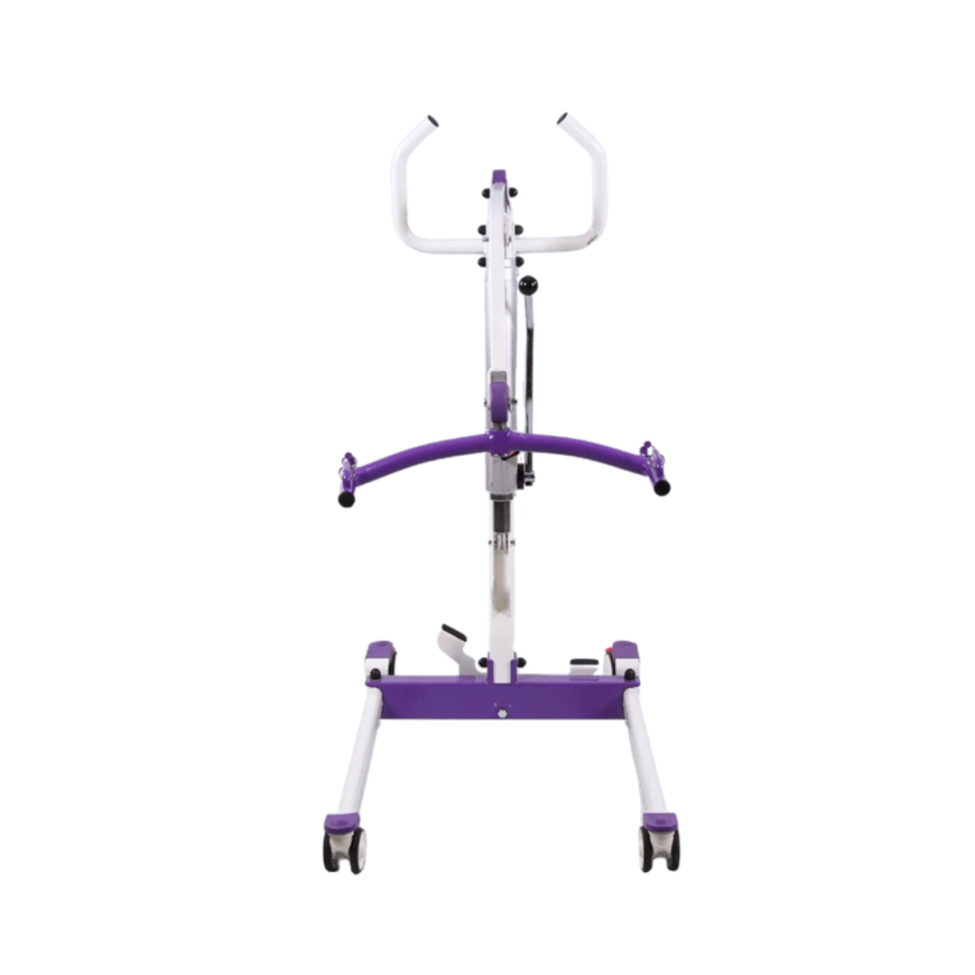 The Dansons PL350H Compact Hydraulic Patient Lift with FREE Sling, in purple and white, features handlebars, a central column, wheels, and a wide base for stability, shown from the front against a white background.