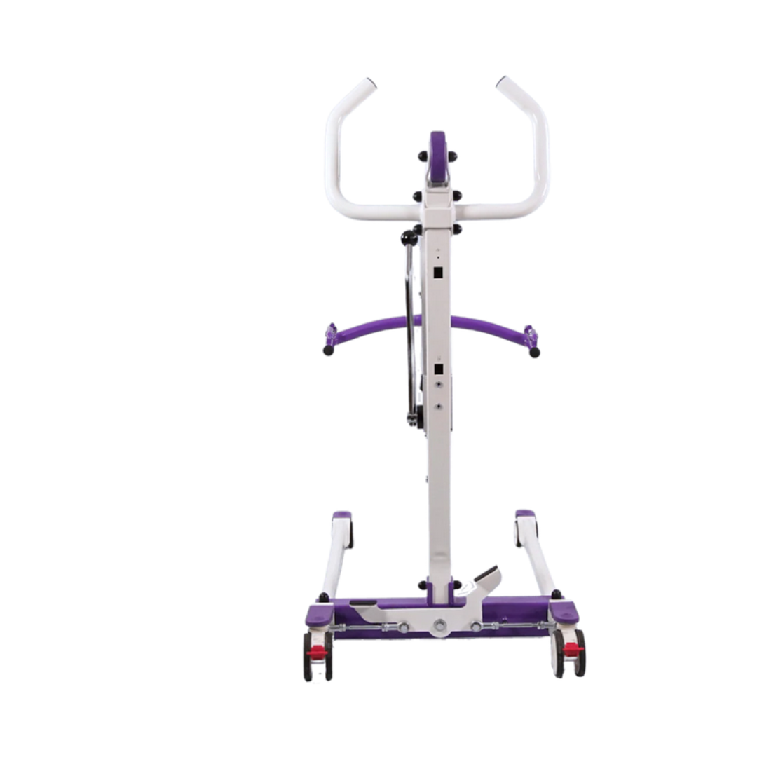 Front view of the Dansons PL350H Compact Hydraulic Patient Lift with FREE Sling in purple and white, featuring handles, a sturdy base, caster wheels, and arm supports for safe transfer of individuals with limited mobility.