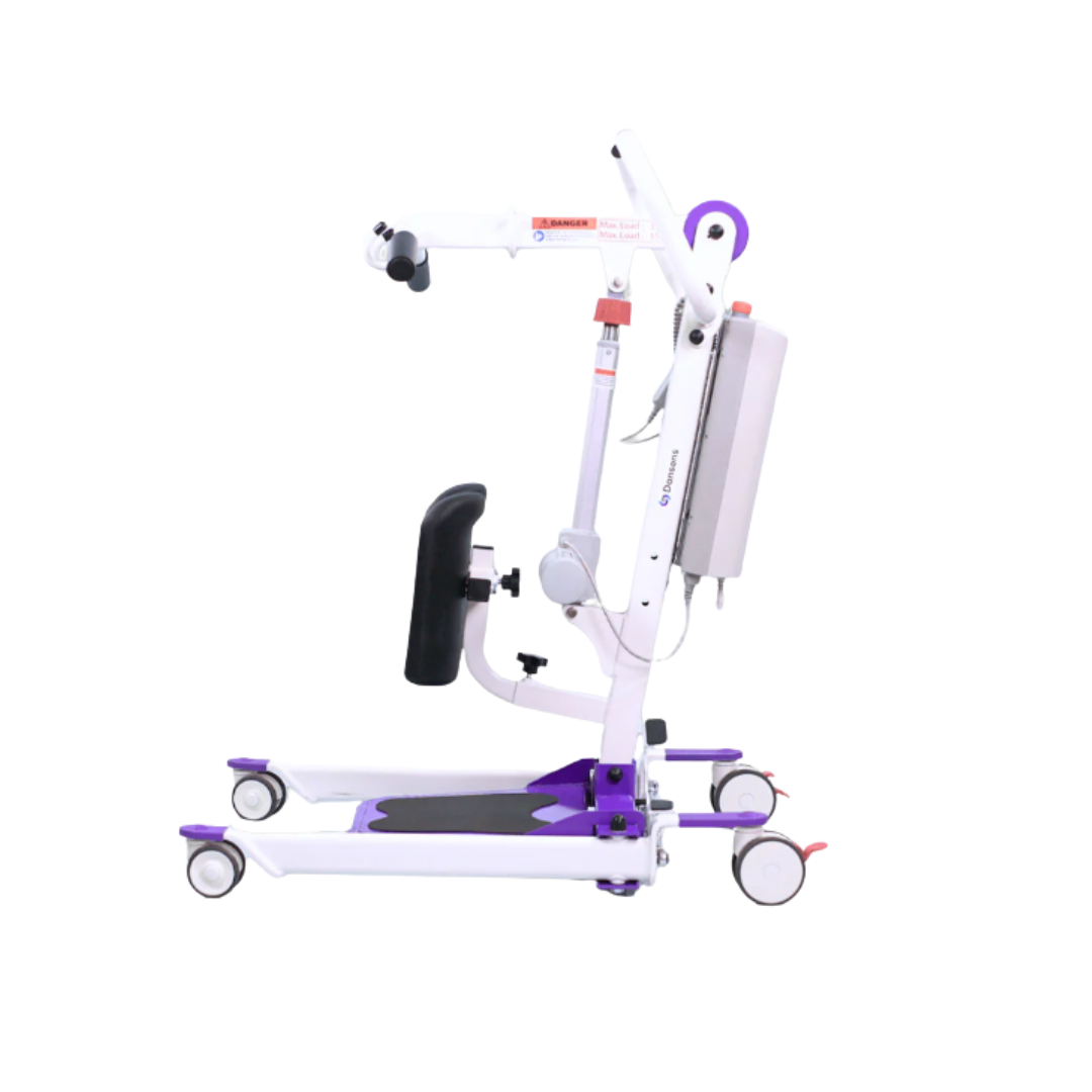 The Dansons SA350 Compact Electric Stand Assist + FREE Sling is a white and purple patient lift with wheels, padded knee support, adjustable arm, and a 350 lb capacity, designed for safe transfers with a stand assist sling.