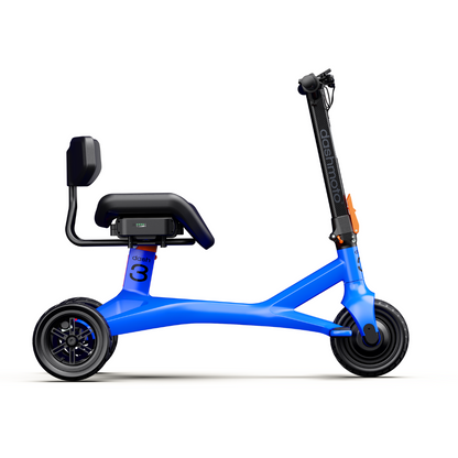 The Dashmoto High Performance Dash 3 Airlize Approved Travel Scooter is a modern blue three-wheeled electric scooter with a comfy seat, backrest, black wheels, digital display, minimalist frame, and a UL2271 Certified Battery for safety.