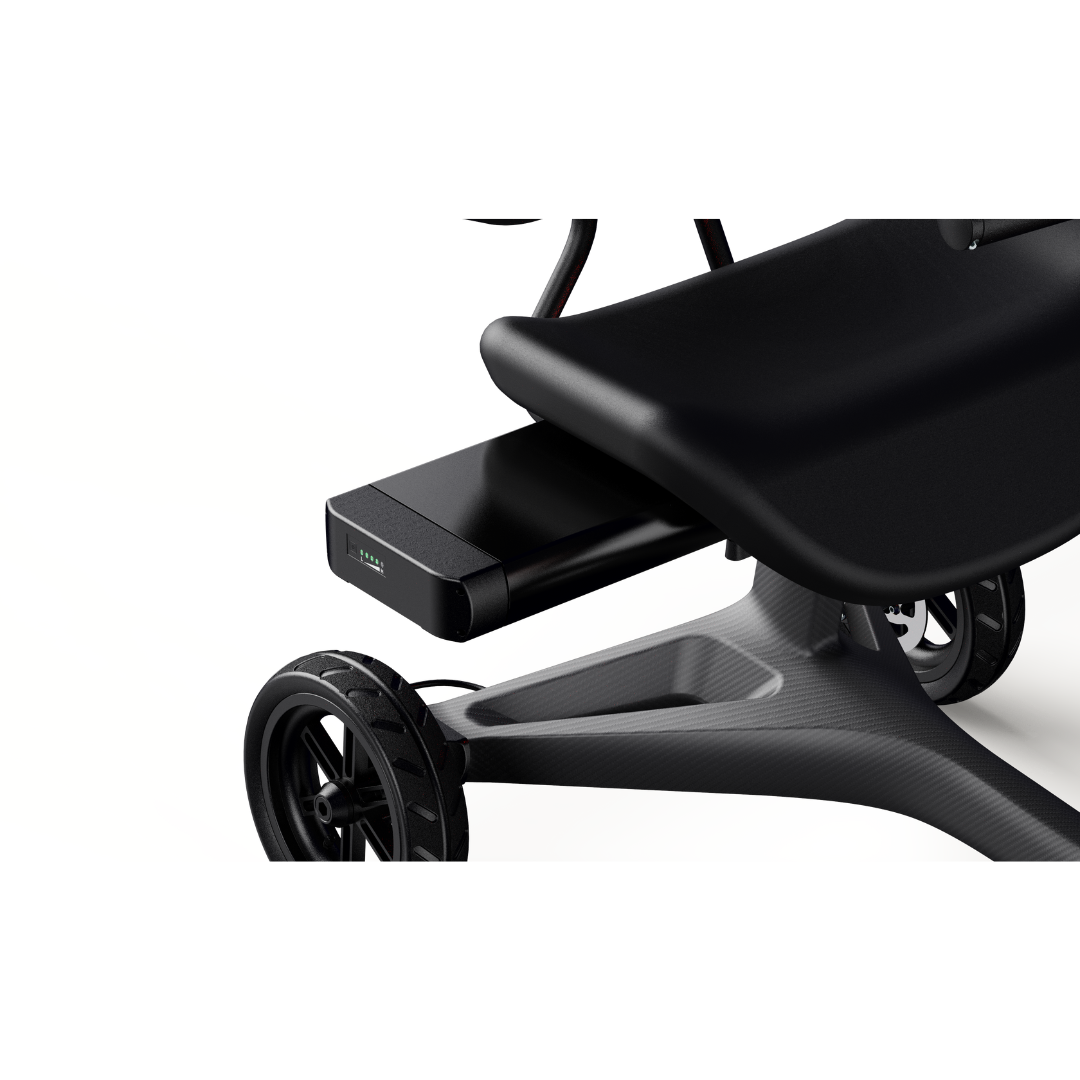 Close-up of the Dashmoto High Performance Dash 3 Airlize Approved Travel Scooter, showing its modern black seat, rectangular Samsung Lithium-ion battery underneath, and sleek large wheels on a sturdy frame.