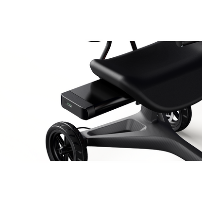 Close-up of the Dashmoto High Performance Dash 3 Airlize Approved Travel Scooter, showing its modern black seat, rectangular Samsung Lithium-ion battery underneath, and sleek large wheels on a sturdy frame.