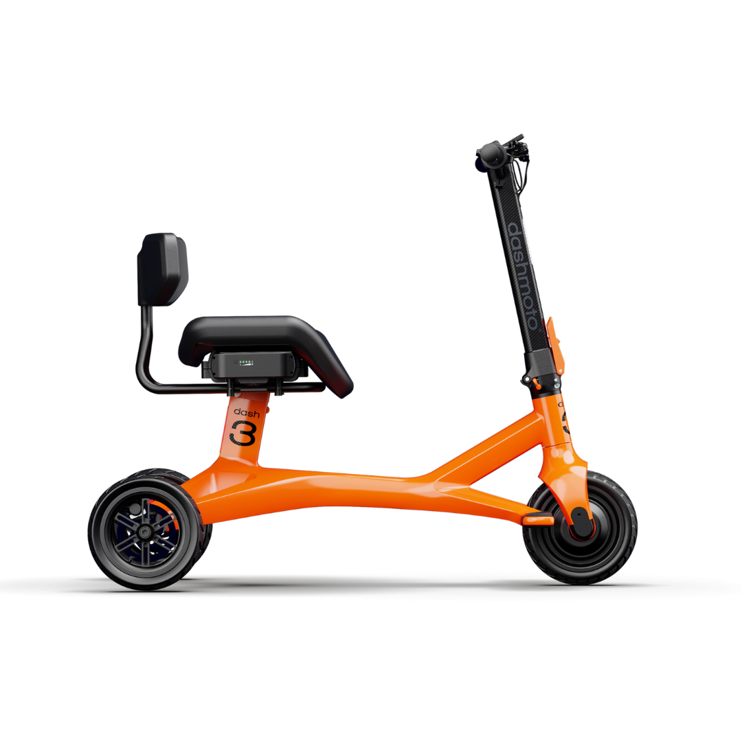 The Dashmoto High Performance Dash 3 Airlize Approved Travel Scooter is an orange, three-wheeled foldable electric scooter with a backrest, black seat, vertical handlebar, minimalist frame, UL2271-certified 48V lithium battery, and doemoto branding on the stem.