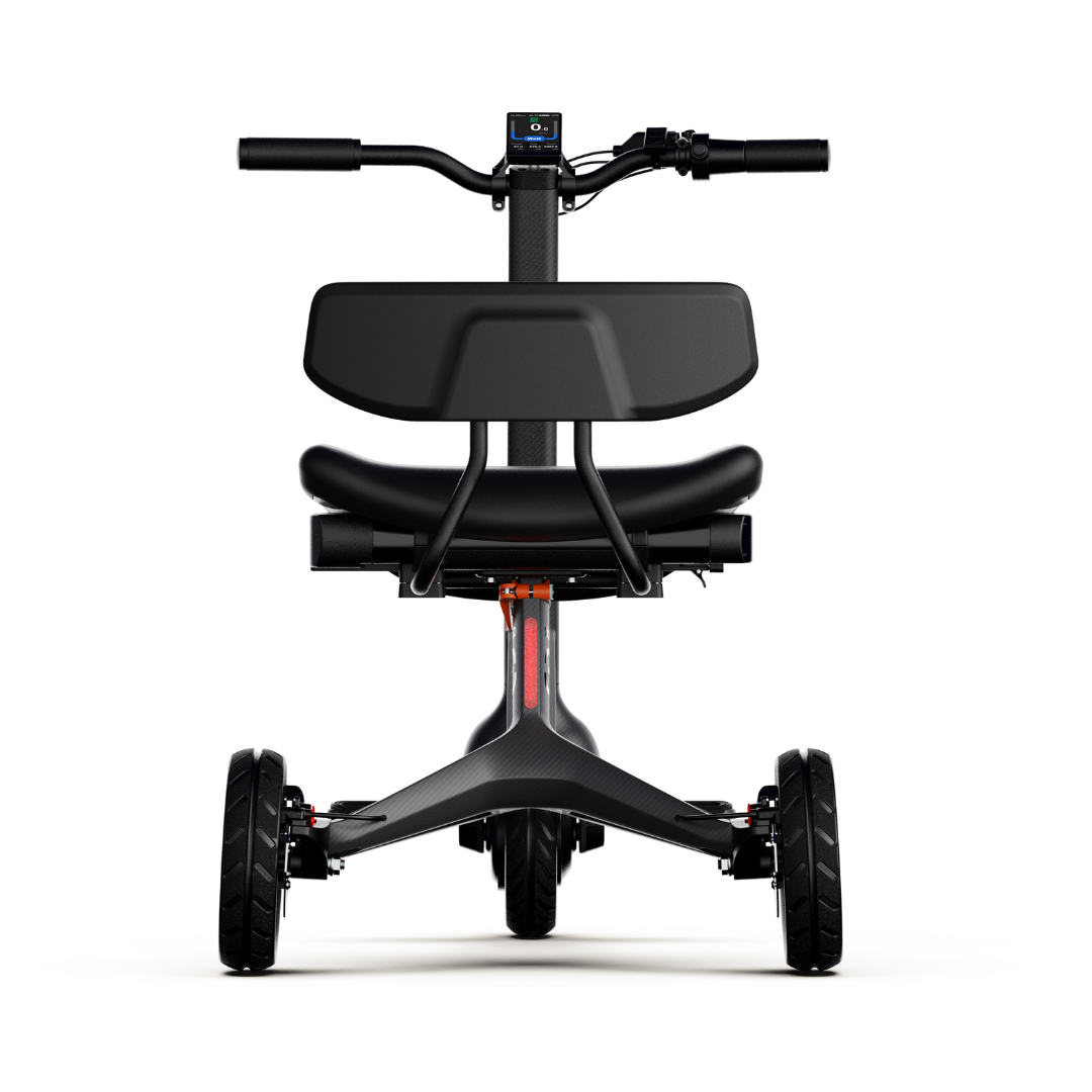 Front view of the Dashmoto High Performance Dash 3 Airlize Approved Travel Scooter, a modern, compact, foldable e-scooter with a black seat, wide handlebars, small display on the stem, and UL2271 certified battery. Shown against a white background.