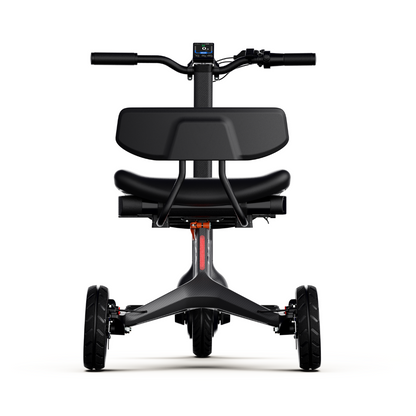 Front view of the Dashmoto High Performance Dash 3 Airlize Approved Travel Scooter, a modern, compact, foldable e-scooter with a black seat, wide handlebars, small display on the stem, and UL2271 certified battery. Shown against a white background.