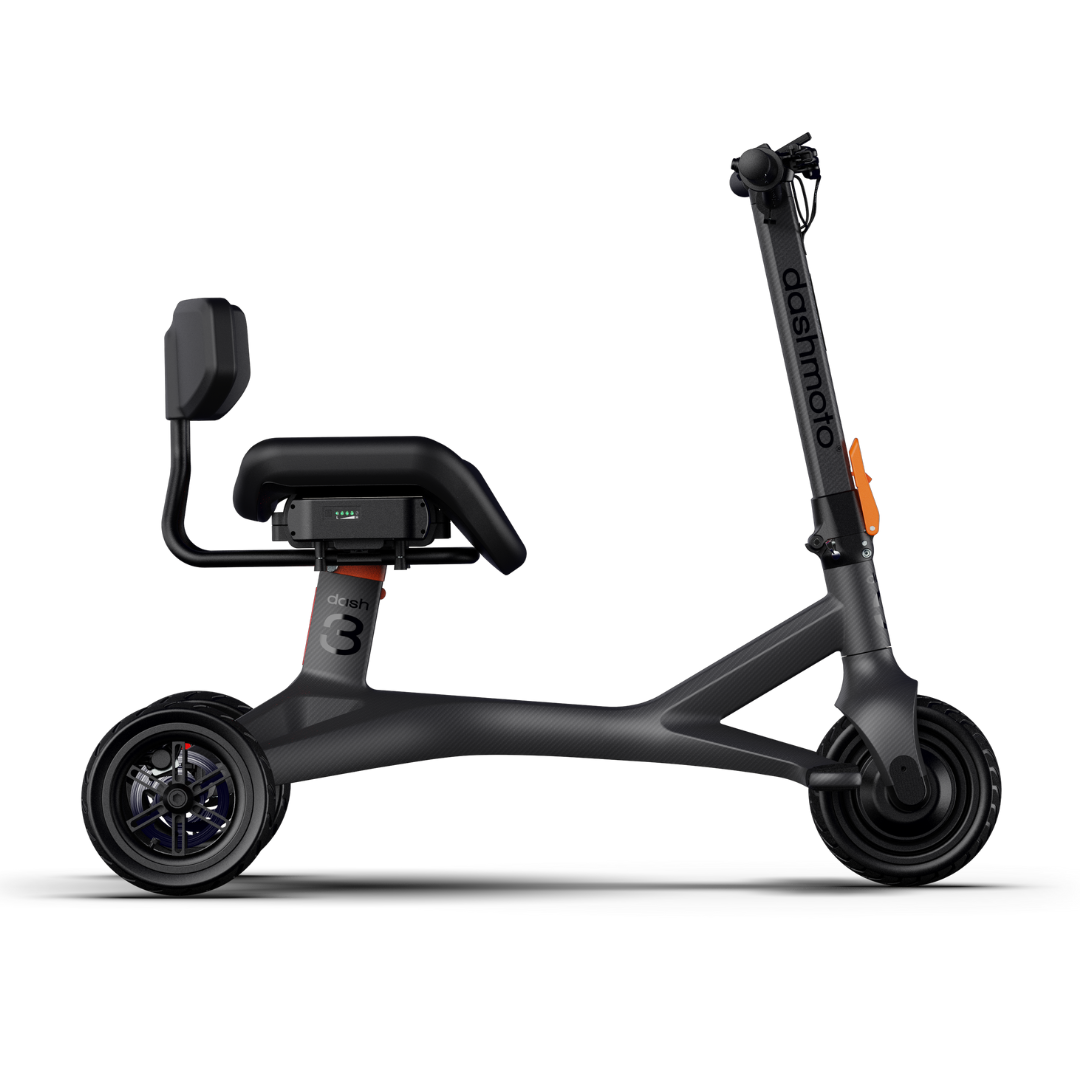 The Dashmoto High Performance Dash 3 Airlize Approved Travel Scooter is a modern black three-wheeled foldable electric scooter with a seat, small backrest, minimalist design, and 48V UL2271 certified lithium-ion battery.