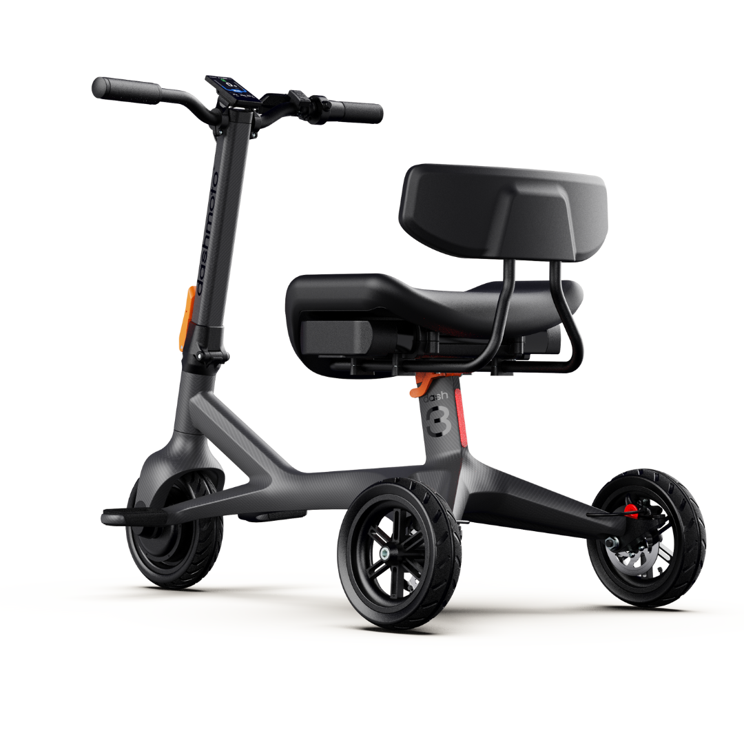 The Dashmoto High Performance Dash 3 Airlize Approved Travel Scooter is a compact, modern three-wheeled electric scooter with a wide padded seat, backrest, black frame, digital display, and UL2271 Certified Battery for safe urban travel.