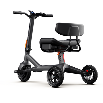 The Dashmoto High Performance Dash 3 Airlize Approved Travel Scooter is a compact, modern three-wheeled electric scooter with a wide padded seat, backrest, black frame, digital display, and UL2271 Certified Battery for safe urban travel.