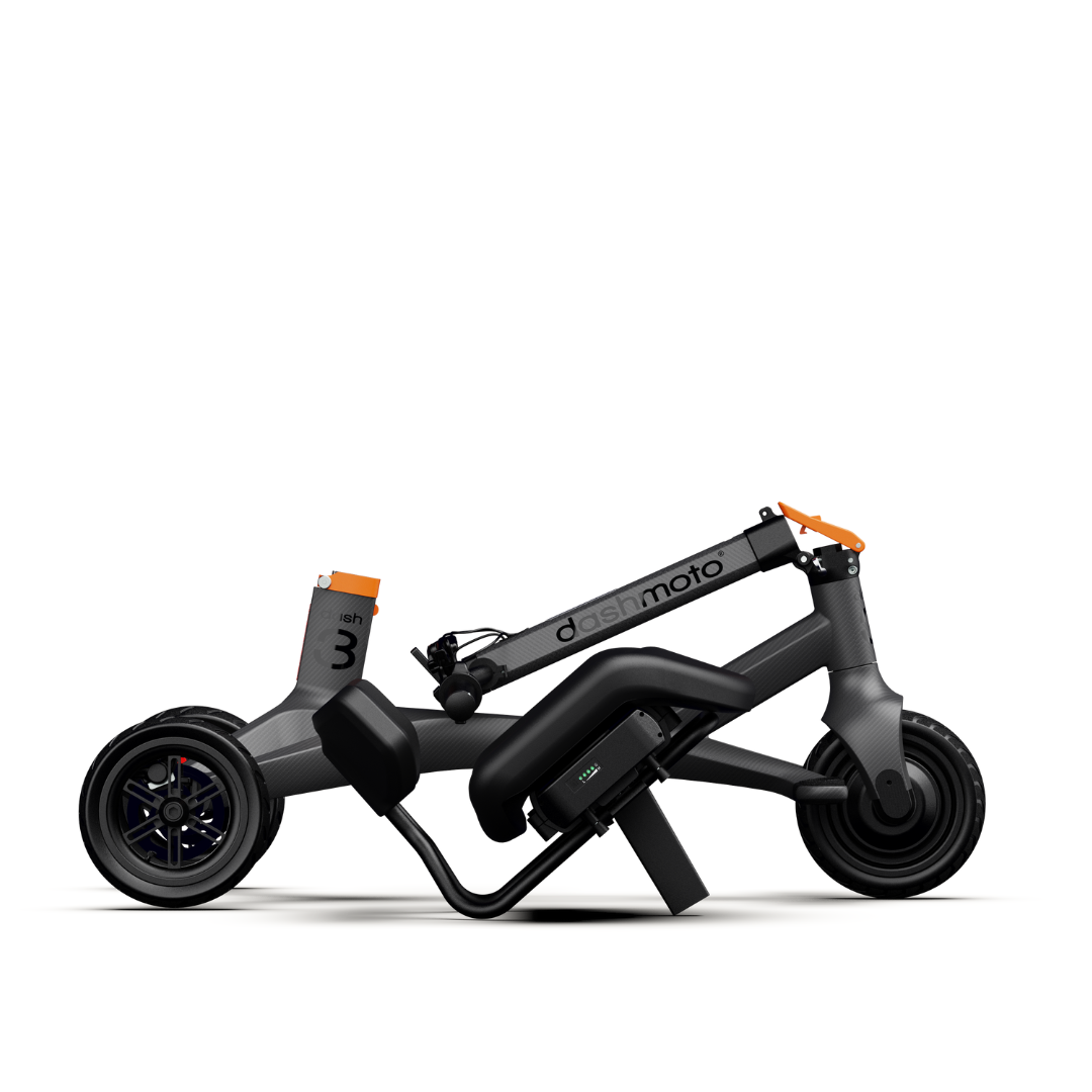 The Dashmoto High Performance Dash 3 Airlize Approved Travel Scooter is a modern, compact, foldable three-wheel scooter with a dark gray frame, orange handlebar and rear fender accents, and a powerful 48V Lithium-ion battery for easy portability.