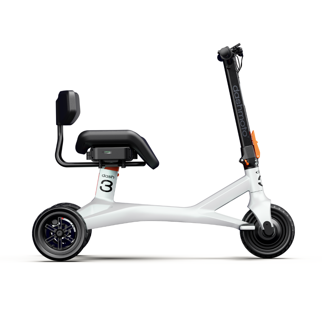 The Dashmoto High Performance Dash 3 Airlize Approved Travel Scooter is a modern white three-wheel electric scooter with seat and backrest, minimalist design, handlebars, Dash 3 branding, and a UL2271 Certified Battery for safety and reliability.