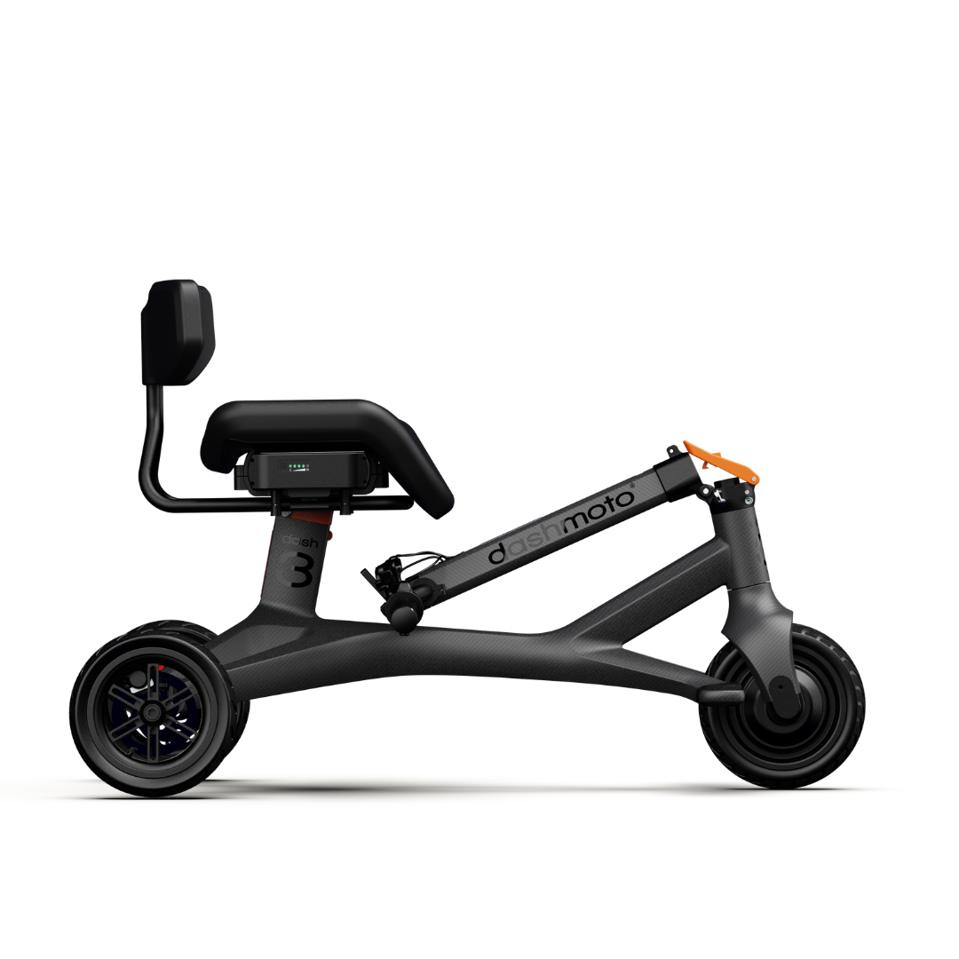 The Dashmoto High Performance Dash 3 Airlize Approved Travel Scooter is a sleek, foldable three-wheeled electric scooter with a black frame, low seat, backrest, small front wheel, two large rear wheels, and a UL2271-certified 48V lithium-ion battery.