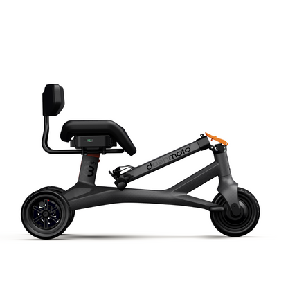 The Dashmoto High Performance Dash 3 Airlize Approved Travel Scooter is a sleek, foldable three-wheeled electric scooter with a black frame, low seat, backrest, small front wheel, two large rear wheels, and a UL2271-certified 48V lithium-ion battery.