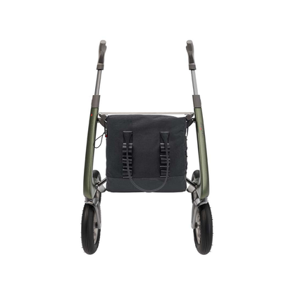 A front view of a metallic green byACRE Carbon Fiber Rollator with ergonomic handles, featuring the Daypack For ByAcre Carbon Fiber Rollators in dark fabric attached between the handles for a stylish and practical mobility accessory.