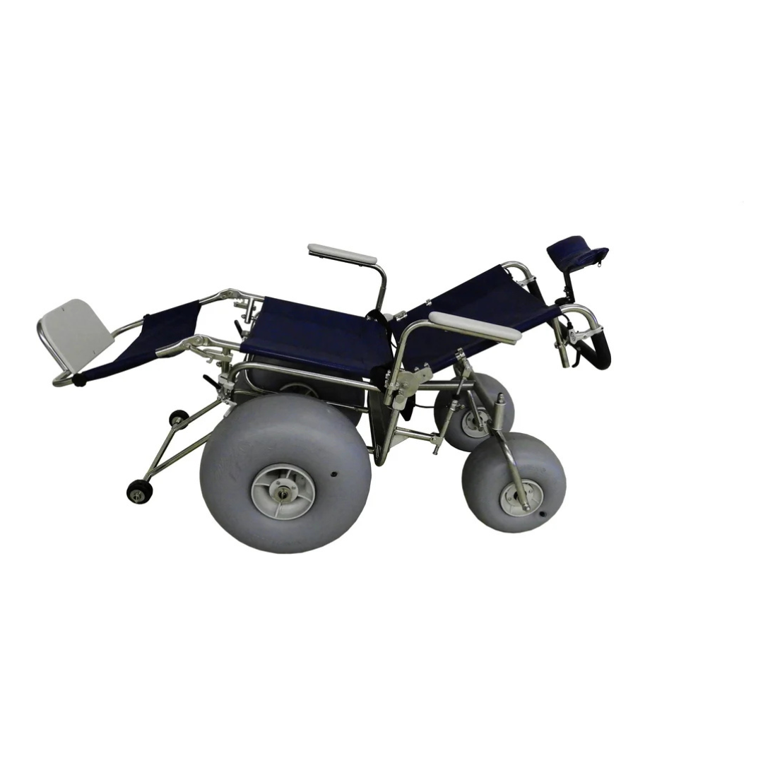 The DeBug All-Terrain Beach Wheelchair features a blue seat, large wide wheels, and a design that reclines nearly flat for comfortable outdoor mobility over various terrains.