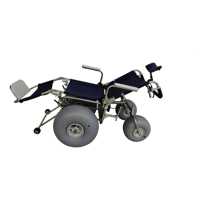 The DeBug All-Terrain Beach Wheelchair features a blue seat, large wide wheels, and a design that reclines nearly flat for comfortable outdoor mobility over various terrains.
