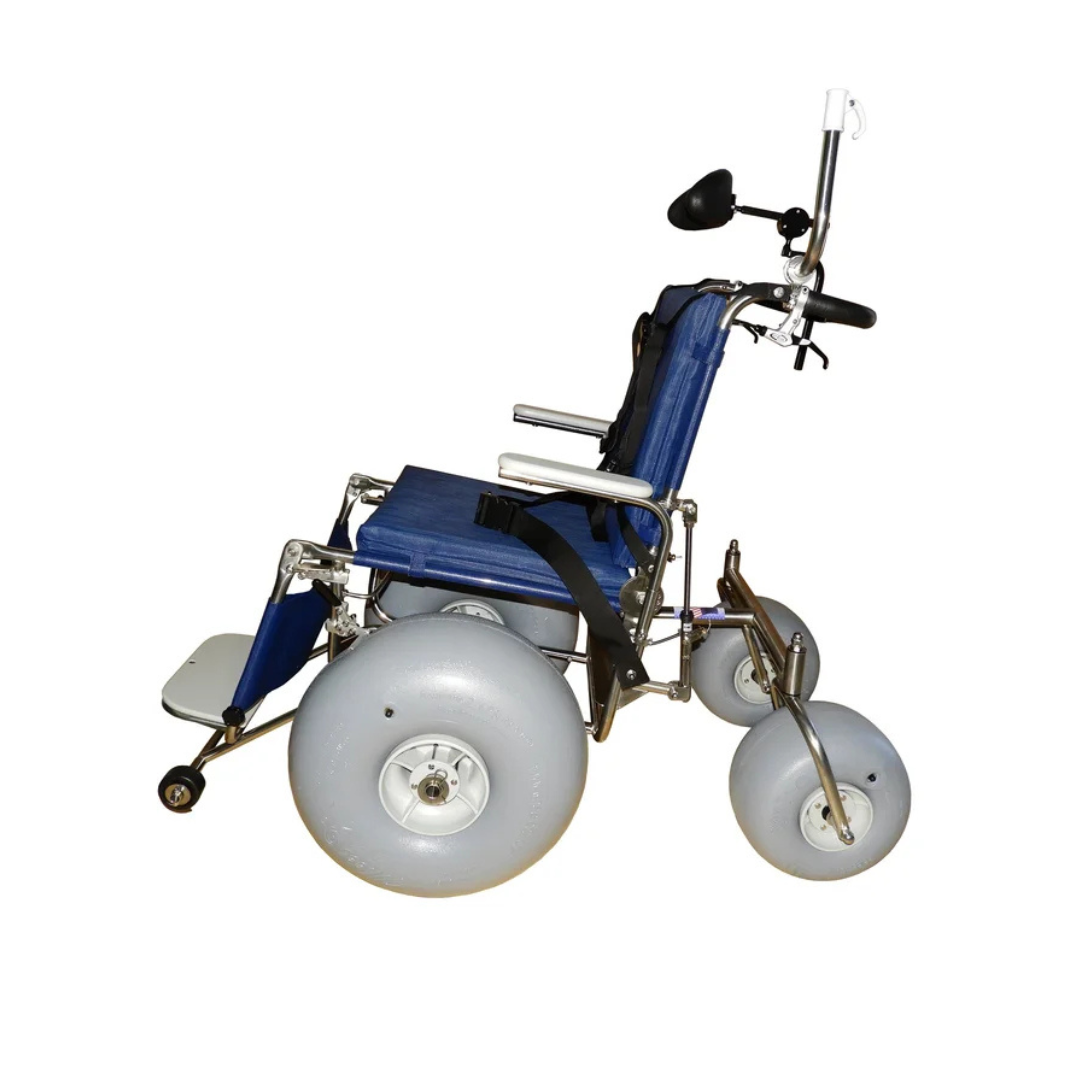 The DeBug All-Terrain Beach Wheelchair features blue and silver colors, large gray wheels for sand or rough terrain, a seatbelt, footrest, and a handlebar rearview mirror for enhanced outdoor mobility.
