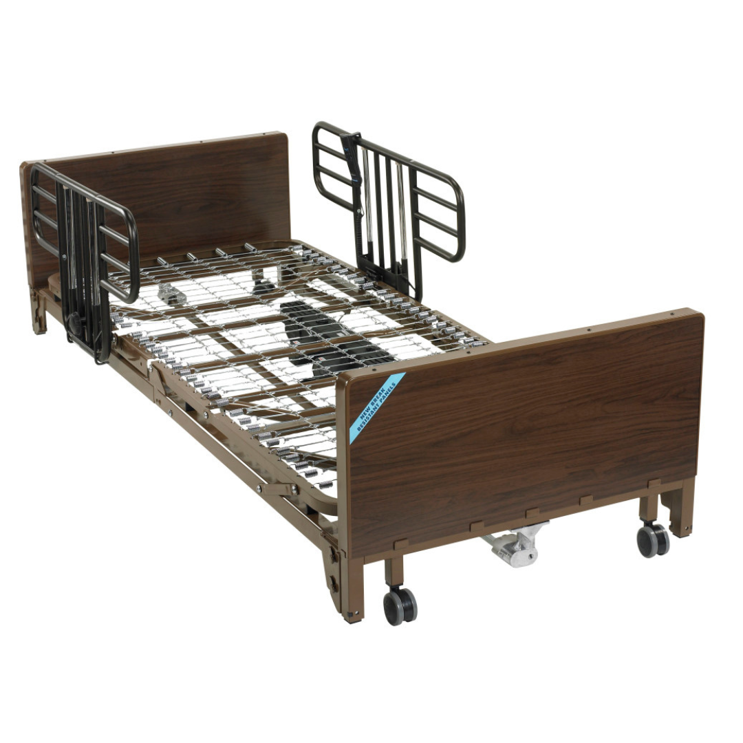 A Drive Delta® Ultra-Light 1000 Bariatric Full-Electric Low Bed with a metal frame, wooden head/footboards, side rails, and wheels is shown empty on a white background.