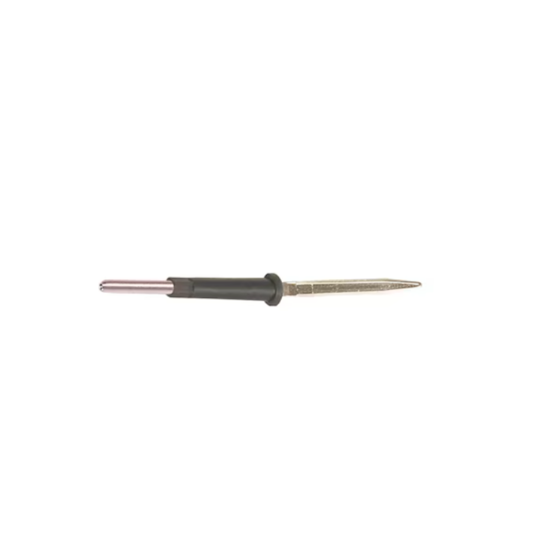 A Henry Schein Dermal Tip Electrode For Electrosurgical Pencil, shown isolated on a white background, features a metal round file with a black plastic handle and a textured, tapered filing surface for shaping electrodes.