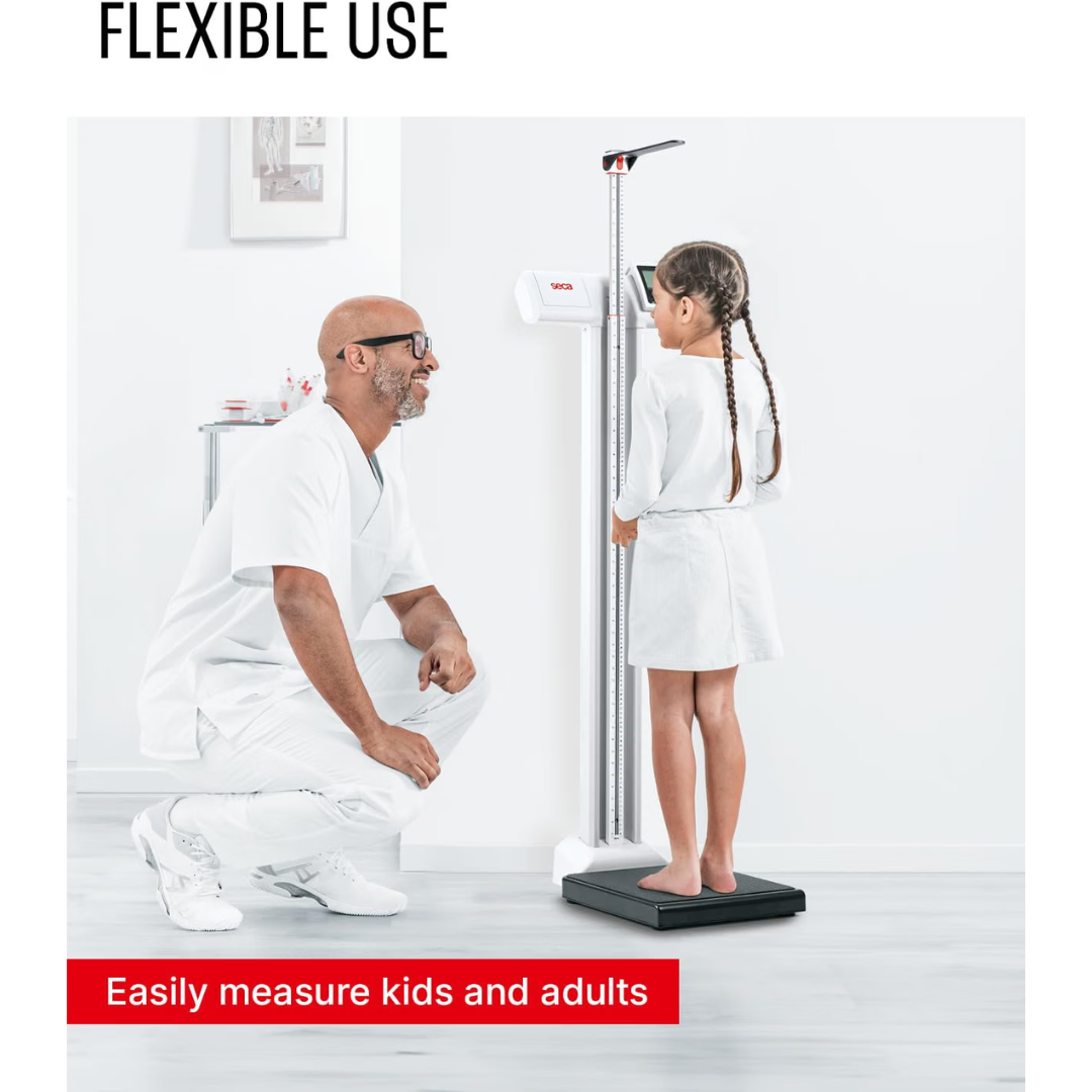 A man in white clothing measures a young girl’s height with the Digital Physician Scale with Height Rod | 550 lb Capacity in a clean, white room. Text at the bottom reads, Easily measure kids and adults.