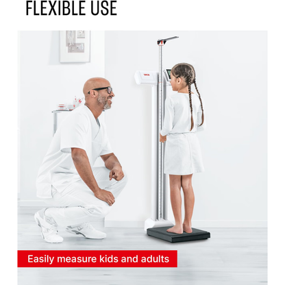 A man in white clothing measures a young girl’s height with the Digital Physician Scale with Height Rod | 550 lb Capacity in a clean, white room. Text at the bottom reads, Easily measure kids and adults.