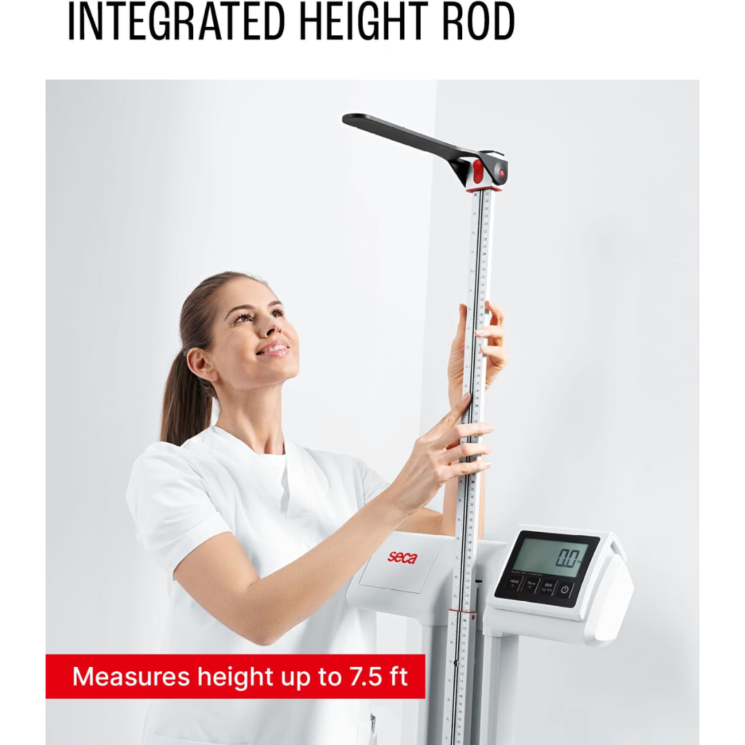 A woman in a white uniform adjusts the height rod on a Digital Physician Scale with Height Rod | 550 lb Capacity, a medical weighing scale that can measure height up to 7.5 feet.