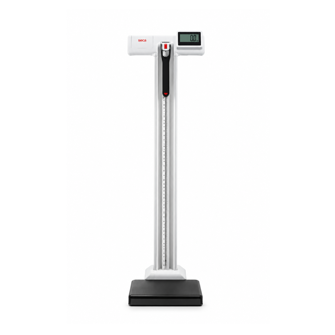 A Digital Physician Scale with Height Rod | 550 lb Capacity is shown standing upright against a plain white background. This medical scale features a white body, black base, integrated height rod, and a digital display screen indicating “0.0.”.