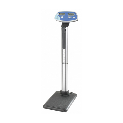 The Doran Digital Physician Scale with Height Measuring | 500 lb Capacity features a tall metal pole, a sturdy rectangular base, and an electronic display screen on top for accurate weight measurements. This digital medical scale also offers integrated height measurement functionality for comprehensive patient assessments.