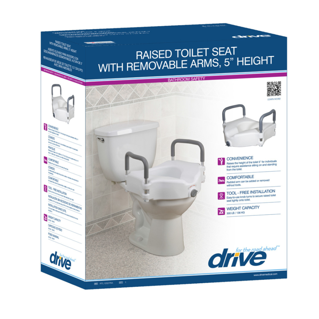 Packaging for the Drive 2-in-1 Locking Raised Toilet Seat with Removable Arms - 5" Rise; shows easy, tool-free installation, comfort features, removable armrests, and supports up to 300 lbs.