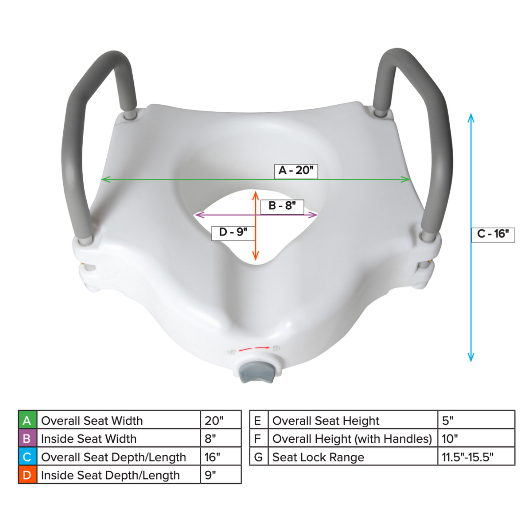 Top-down view of the Drive 2-in-1 Locking Raised Toilet Seat with Removable Arms—5" Rise. Dimensions and labels show seat width, depth, handle height, and lock range, matching a color-coded chart below the image. Features tool-free armrests with gray handles.