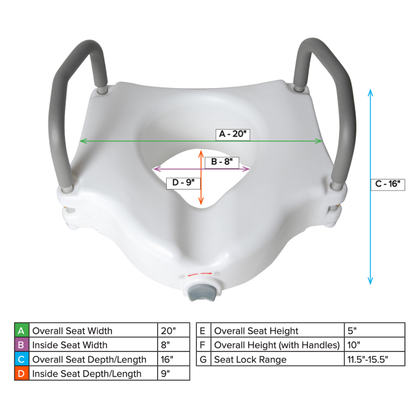 Top-down view of the Drive 2-in-1 Locking Raised Toilet Seat with Removable Arms—5" Rise. Dimensions and labels show seat width, depth, handle height, and lock range, matching a color-coded chart below the image. Features tool-free armrests with gray handles.